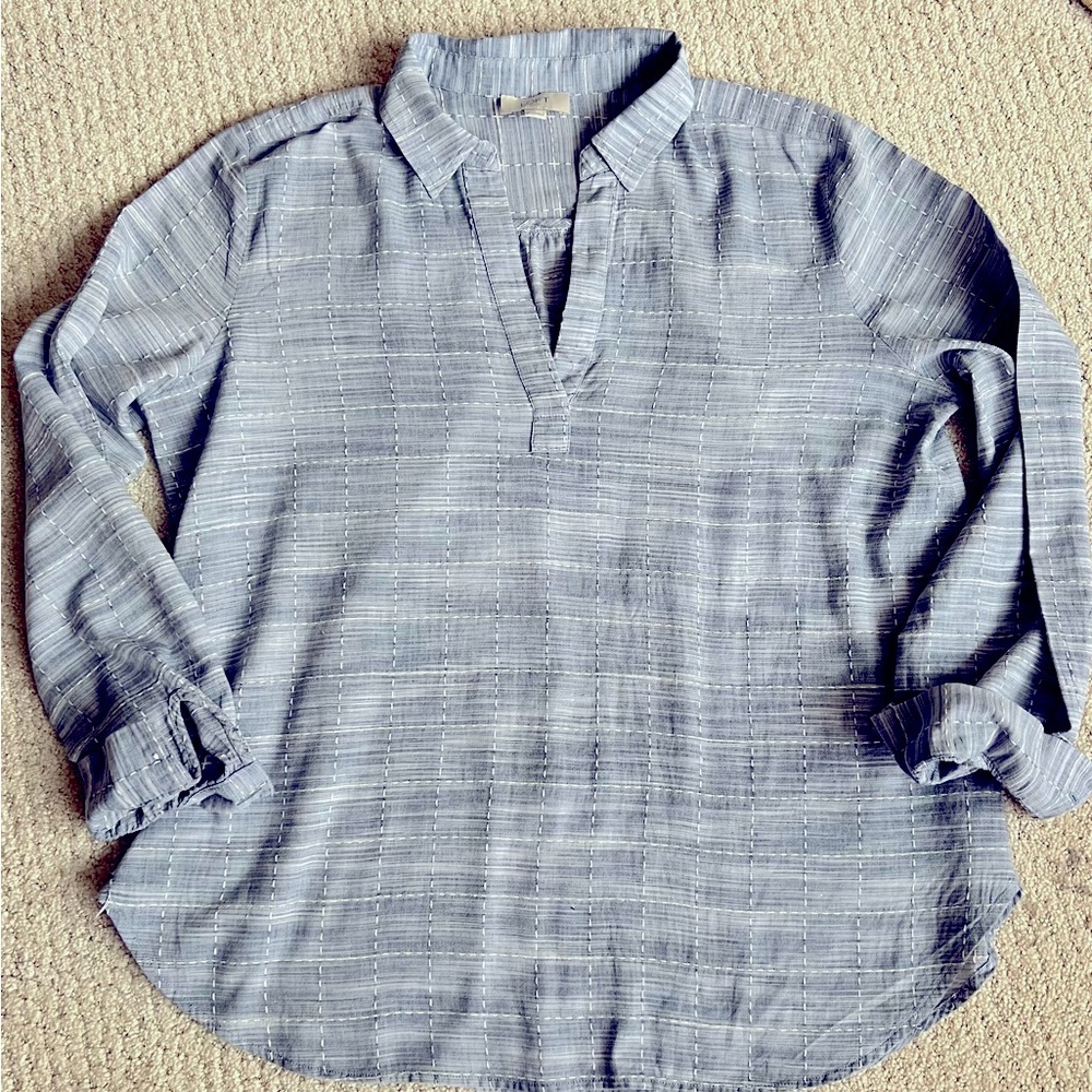 LOFT Women’s Long Sleeve V-Neck Collared Blue Blouse, Size Large